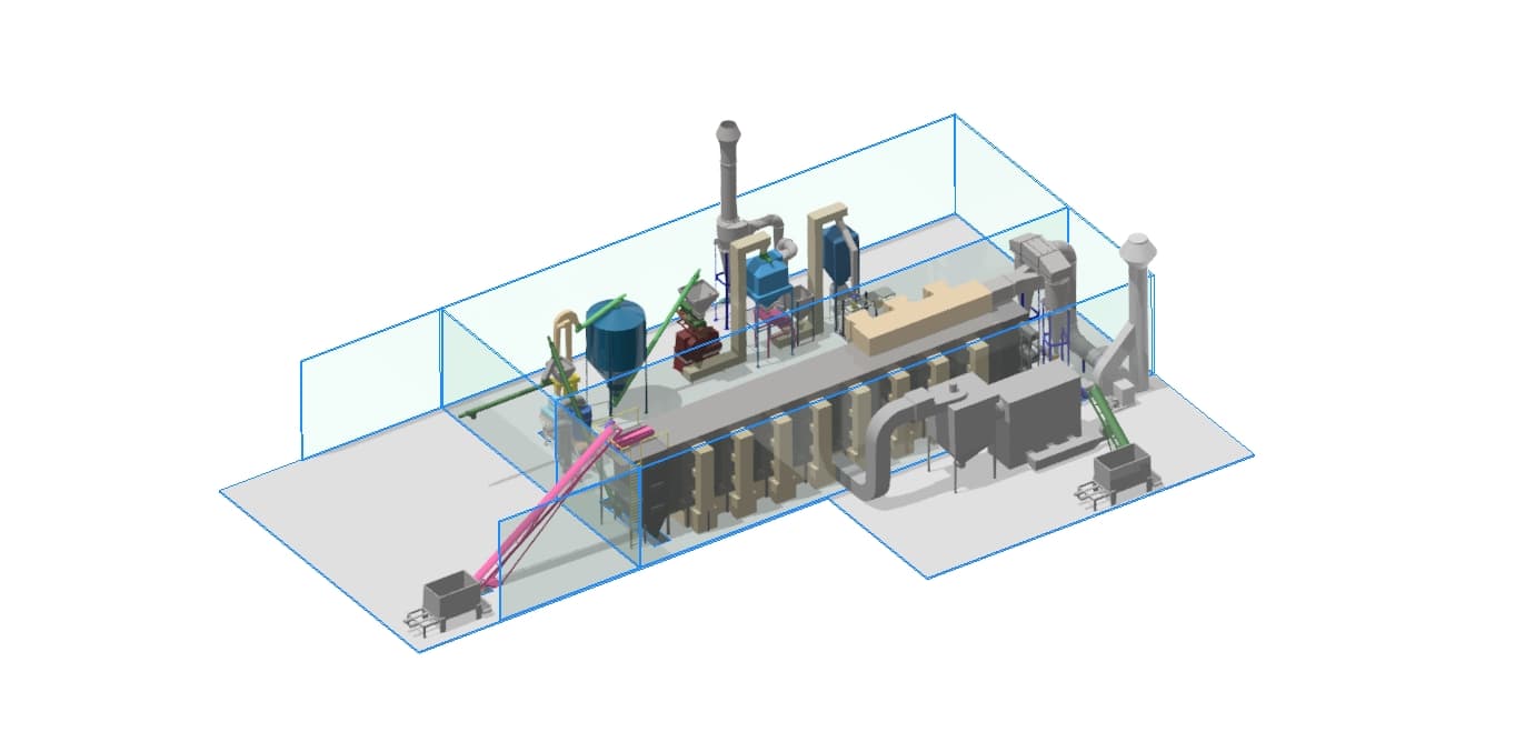 Complete industrial process plant — dryer, cyclone, bag filter and conveyor system installation